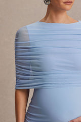 Zaria | Powder Blue Crew-Neck Maternity Maxi Dress With Cape-Overlay