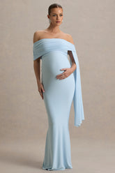 Aquila | Powder Blue Bardot Maternity Maxi Dress With Draped Detail