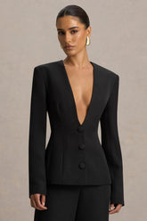 Rosalina | Black Extreme-Plunge Neck Tailored Blazer