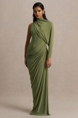 Aphra | Green High-Neck Maxi Dress With Cape-Sleeve