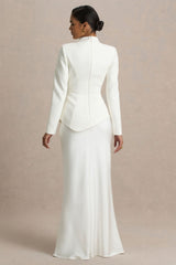 Pepita | Cream High-Neck Tailored Maxi Dress With Drop-Waist And Satin Skirt