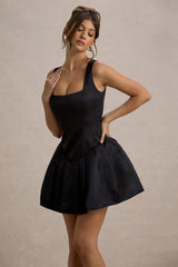Bramble | Black Satin Square-Neck Puffball Mini Dress