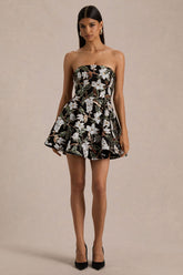 Sparky | Black And Bronze Floral Embellished Bandeau Mini Dress