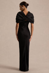 Yoli | Black Satin Maxi Dress With Removable Twist-Cape