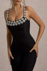 Amadi | Black Embellished Strappy Flared-Leg Jumpsuit