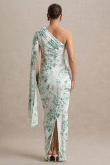 Aliana | Green Porcelain Print Asymmetric Maternity Maxi Dress With Ruched Detailing