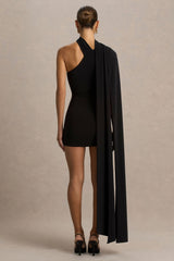 Arianne | Black Asymmetric-Neck Mini Dress With Scarf Detail