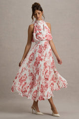 Nila | Pink Porcelain Print Cowl-Neck Midi Dress With Plisse Skirt