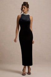 Audrine | Black Velvet Embellished High-Neck Maxi Dress