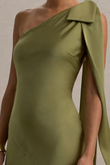 Here For Love | Khaki Satin Asymmetric Maxi Dress With Bow