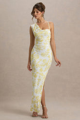Sitara | Lemon Porcelain Print Cowl-Neck Maxi Dress With Asymmetric Skirt