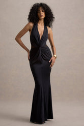 Amazonie | Black Plunge-Neck Twisted Maxi Dress With Mesh Panels