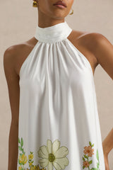 Glide | Sunflower Print Satin High-Neck Slip Maxi Dress