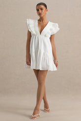 Judie | White Poplin V-Neck Ruffled Mini Dress