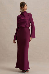 Celina | Burgundy Satin High-Neck Maxi Dress