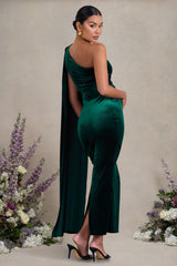 Amaryllis | Bottle Green Velvet Maternity One Shoulder Maxi Dress with Cape Sleeve