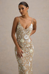 Gemini | Floral Sequin Hand-Embellished Strappy Maxi Dress