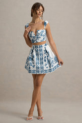 Modella | Blue Porcelain Print Skater Mini Skirt