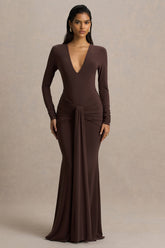 Saffie | Chocolate Extreme-Plunge Wrap Maxi Dress With Long-Sleeves And Ruched Detailing