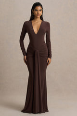 Saffie | Chocolate Extreme-Plunge Wrap Maxi Dress With Long-Sleeves And Ruched Detailing