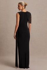 Amelise | Black High-Neck Maternity Maxi Dress With Mesh-Cape Sleeve And Sash Detail