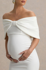 Droplet | White Bow Bardot Maternity Midi Dress