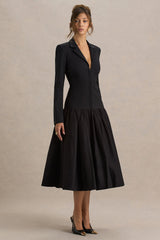 Cosmopolitan | Black Plunge-Neck Tailored Midi Dress With Pleated Hem