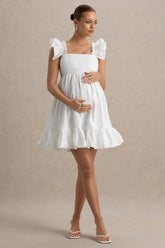 Dolly Daze | White Ruffle Sleeve Babydoll Maternity Mini Dress