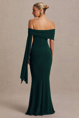 Aquila | Bottle Green Bardot Maternity Maxi Dress With Draped Detail