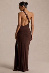 Bonnie | Brown Asymmetric-Neck Maxi Dress With Open-Back