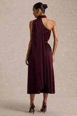 Caluna | Burgundy Satin Asymmetric-Neck Midi Dress With Scarf-Detail