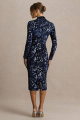 Alanita | Navy Velvet And Sequin Embellished High-Neck Midi Dress With Long Sleeves