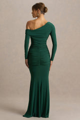 Clover | Dark Green Asymmetric-Neck Wrapped Maxi Dress With Sash