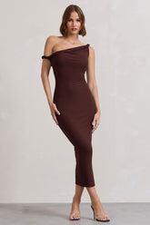 Salome | Chocolate Brown Twisted Asymmetric Midi Dress