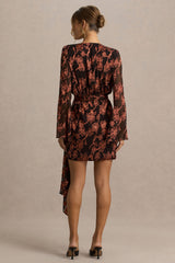 Lindsey | Black And Rust Plunge-Neck Wrap Mini Dress With Bell Sleeves And Sash Detail