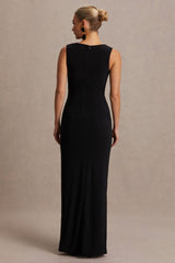 Raven | Black Boat-Neck Maternity Maxi Dress With Gathered-Detailing