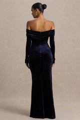 Countess | Navy Velvet Bardot-Neck Wrapped Maxi Dress With Front-High Split