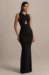 Kendall | Black V-Neck Wrapped Maxi Dress With Chest Cut-Out