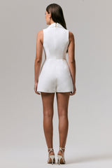 One Kiss | White Plunge-Neck Tailored Romper