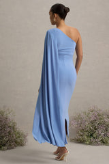 Amaryllis | Powder Blue Maternity One Shoulder Maxi Dress with Cape Sleeve