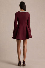 Eletta | Burgundy Embellished Crew-Neck Mini Dress