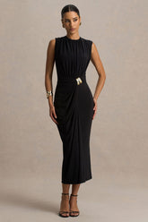 Harlow | Black Crew-Neck Wrapped Midi Dress