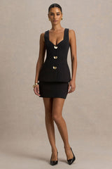 Angel | Black Plunge-Neck Tailored Mini Dress With Gold-Detailing
