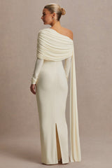 Cyra | Cream Asymmetric-Neck Maternity Maxi Dress With Sash