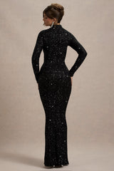 Galaxy | Black Sequin Turtle-Neck Long-Sleeve Maxi Dress