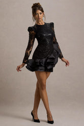 Myka | Black Sequin Long-Sleeve Ruffle Hem Mini Dress