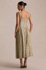 Lima | Champagne Sequin Square-Neck A-Line Midi Dress