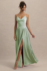 Jonas | Light Green Plunge-Neck Maxi Dress With Cami Straps