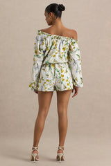 Waterfall | Lemon Floral Print Asymmetric Long-Sleeve Romper