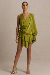 Cara | Olive Satin Plunge-Neck Micro-Mini Dress With Long Sleeve